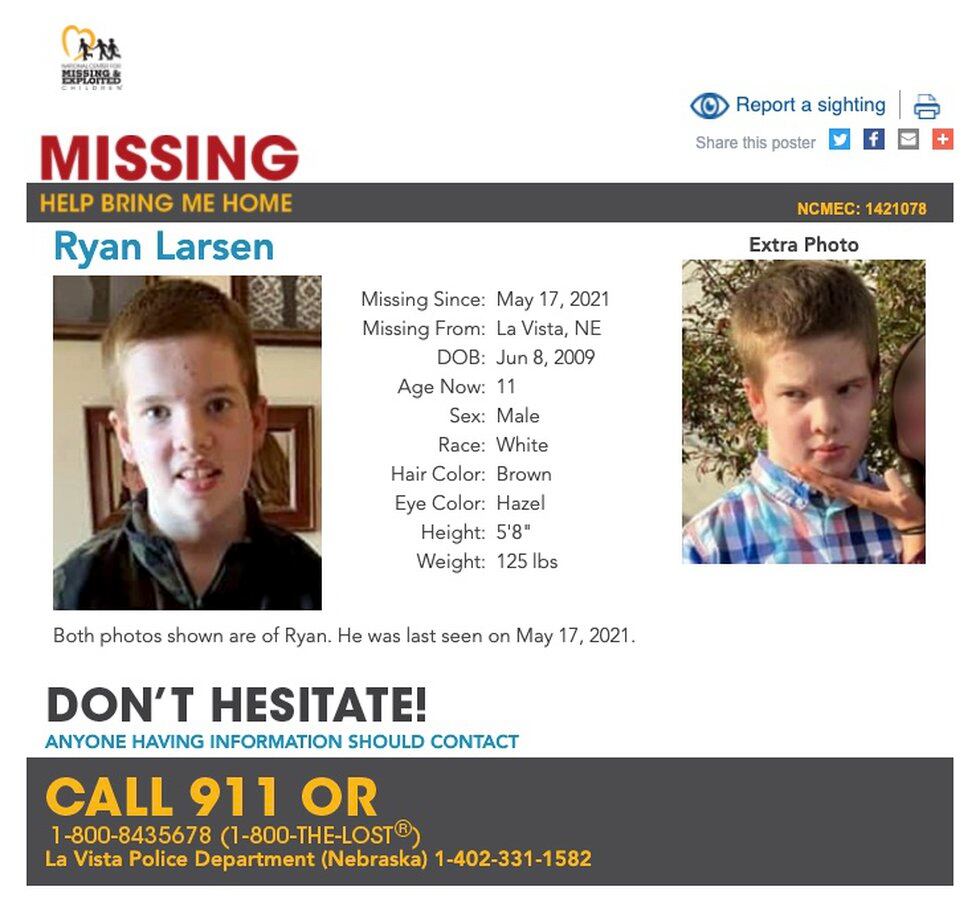 The National Center for Missing and Exploited Children issued a poster for Ryan Larsen, who has...