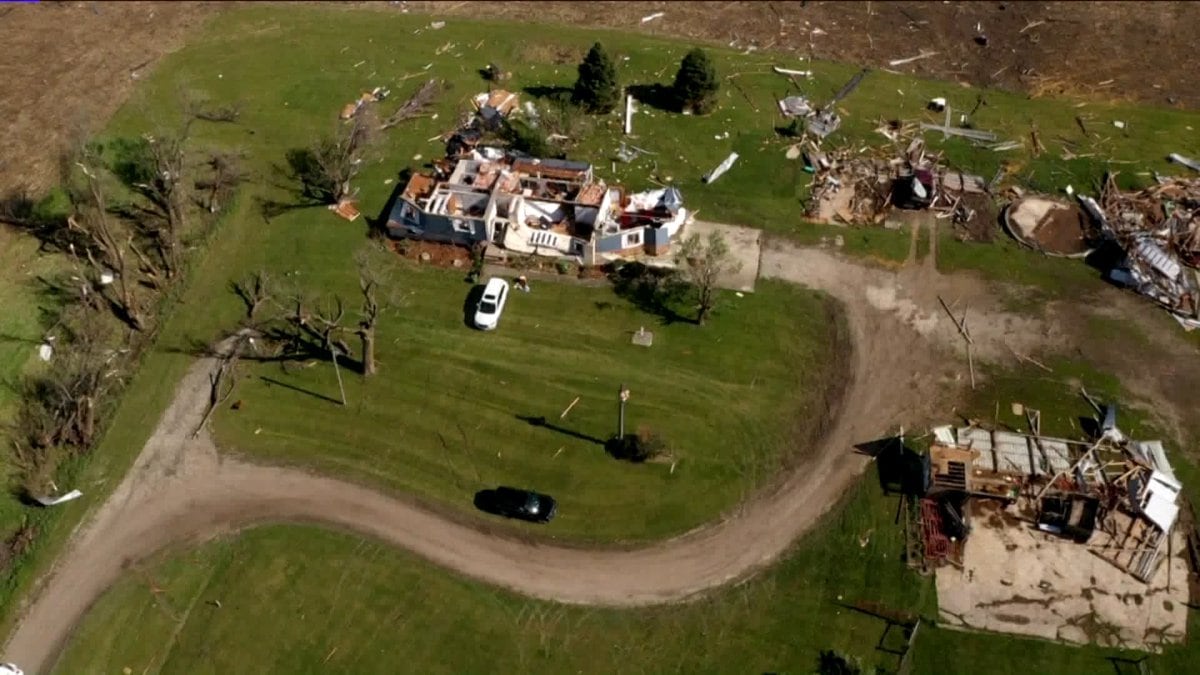 Drone video from WHO-TV in Des Moines shows damage from the fatal EF-2 tornado that hit Adair,...