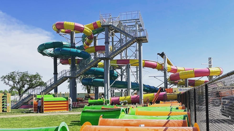 The assembly of Fun-Plex's new pair of slides called "Double Trouble"