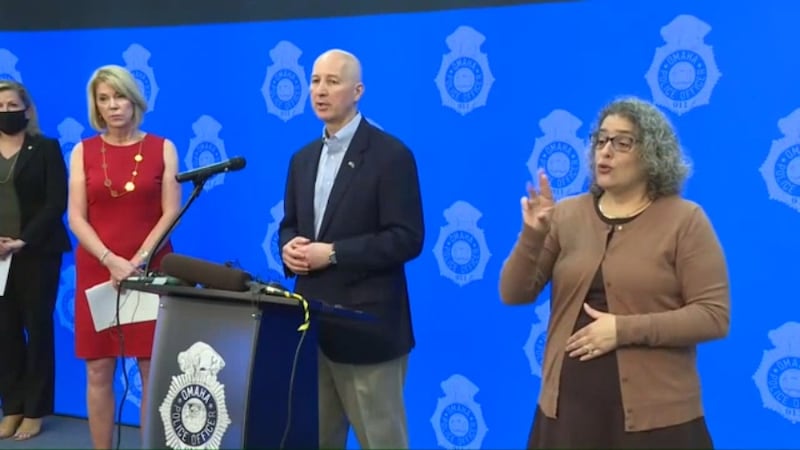 Omaha Mayor Jean Stothert, left, and Gov. Pete Ricketts hold a news conference Sunday, May 31,...