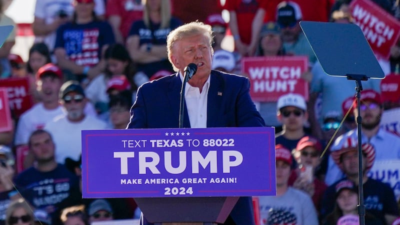 Former President Donald Trump speaks at a campaign rally at Waco Regional Airport Saturday,...