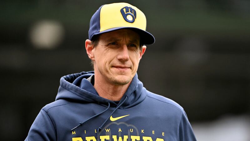 Milwaukee Brewers manager Craig Counsell looks on before a baseball game against the Chicago...