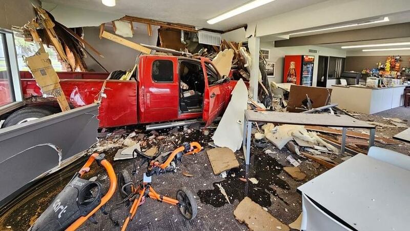 A pickup truck smashed into a golf course clubhouse on April 26, 2023