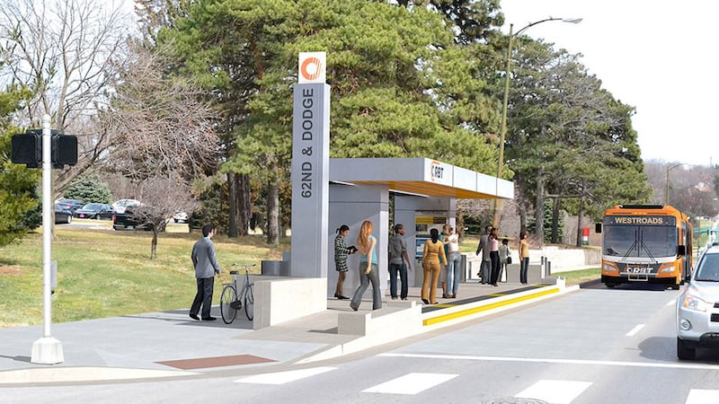 Artist rendering of an ORBT platform along westbound Dodge Street at the 62nd Street stop....