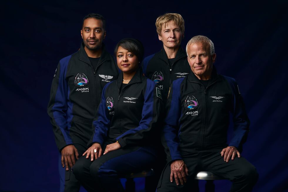 This photo provided by Axiom Space in 2023 shows astronauts, from left, Ali al-Qarni, Rayyanah...