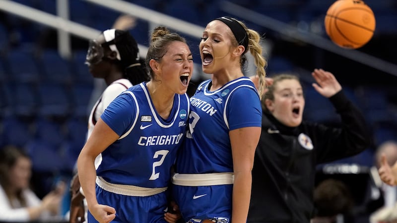 Creighton guard Tatum Rembao (2) and guard Payton Brotzki (33) react during the second half of...
