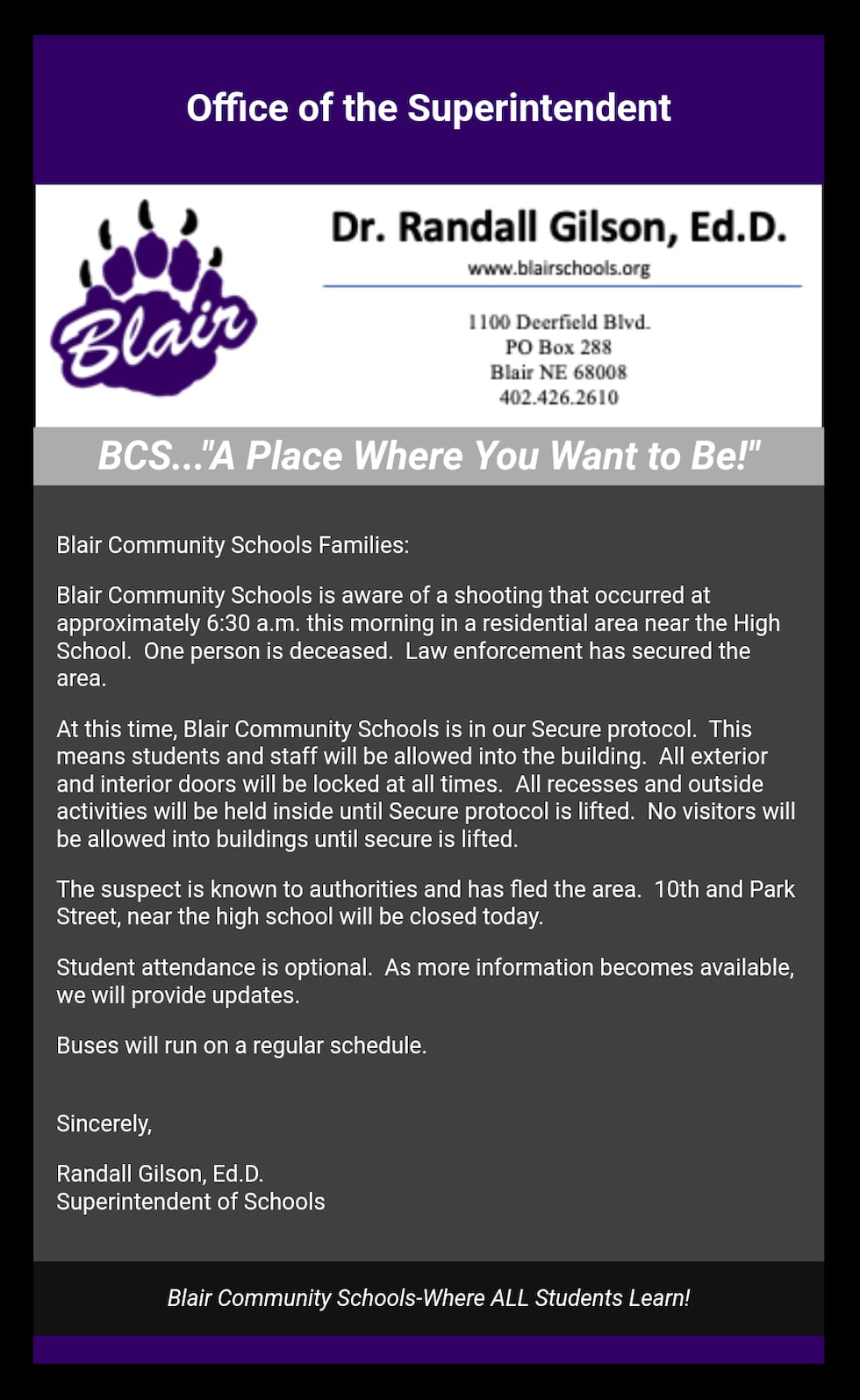 The superintendent of Blair Community Schools said attendance would be optional on Friday, May...