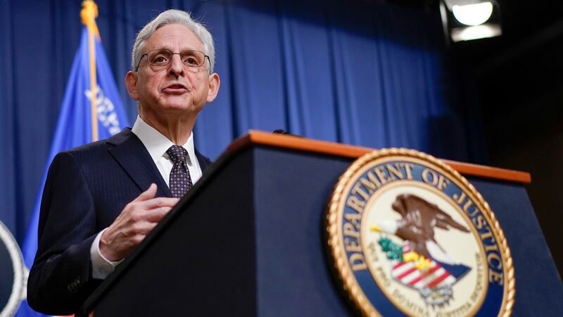 Attorney General Merrick Garland speaks during a news conference at the Department of Justice...